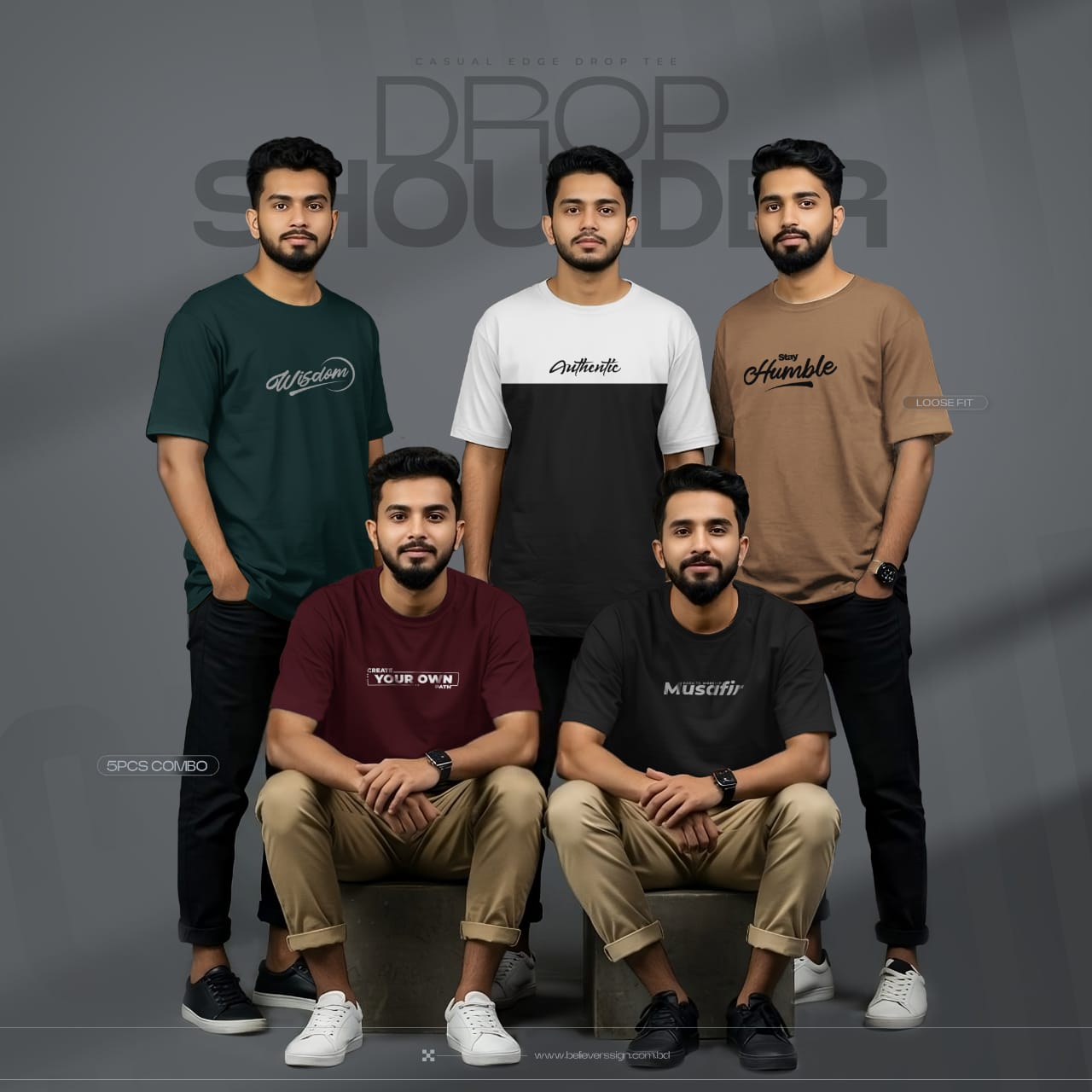 Waffle Drop Shoulder T Shirt 5 Pcs